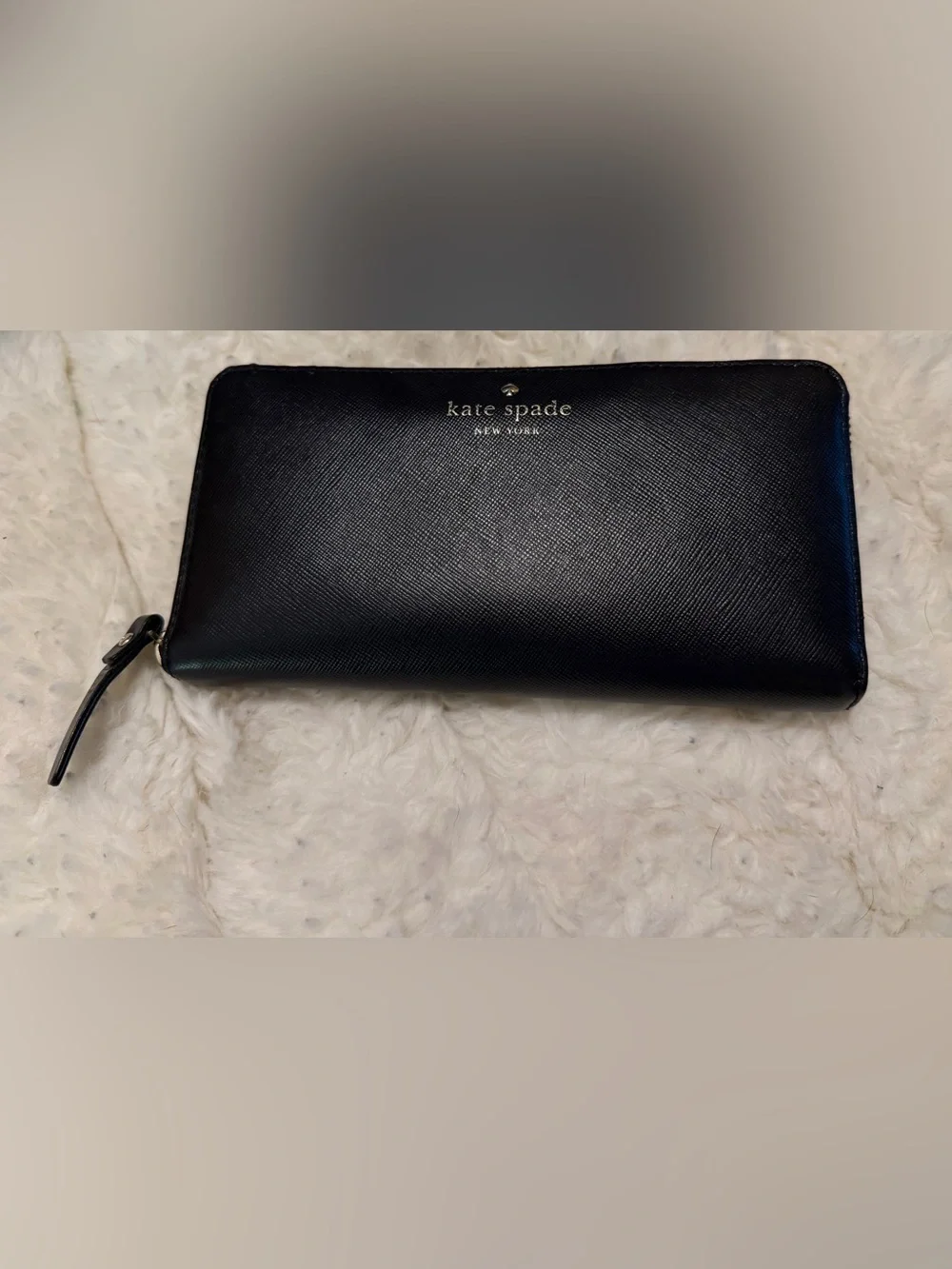 Kate Spade Black Textured Leather Logo Wallet with Gold Accents